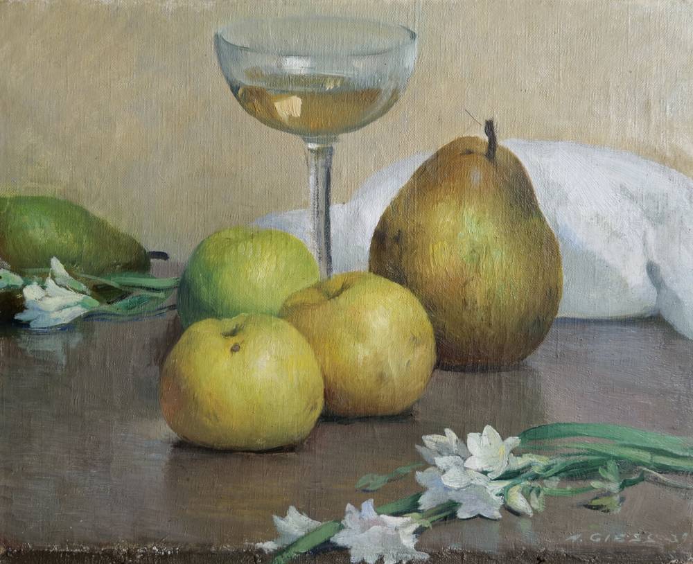 Nature morte aux fruits, fleurs et verre de vin