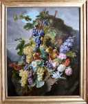 Jean BENNER-FRIES Nature morte aux fleurs et raisins dans un paysage huile sur toile, 98x81cm - 1846 (Avec son cadre)). Jean Benner-Fries